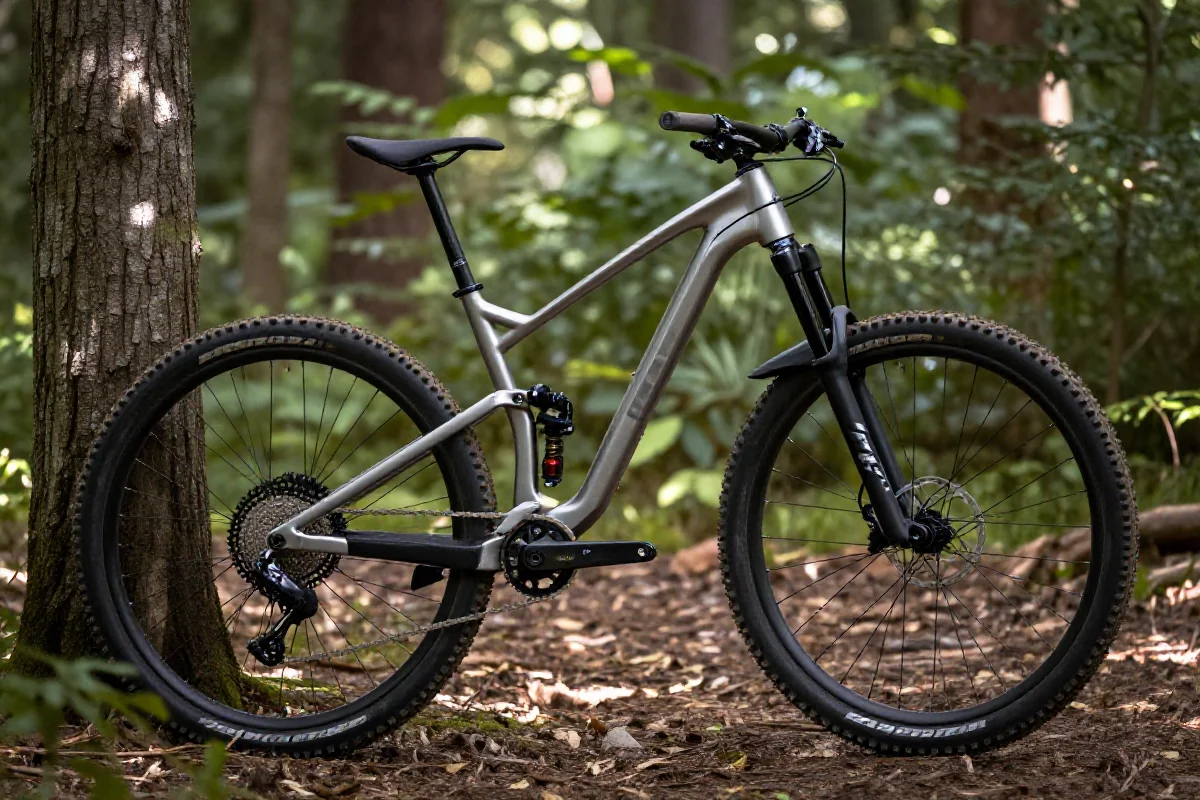 Rower górski na szlaku leśnym, pokazujący detale i komponenty MTB.