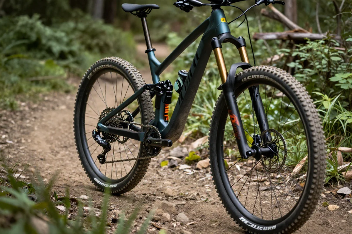 Rower górski na szlaku, ilustrujący zasady etykiety szlaku i współdzielenia tras.