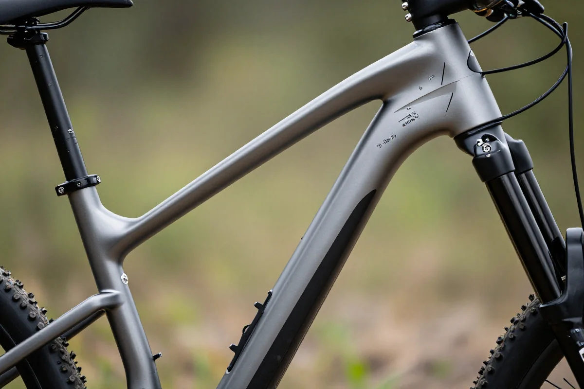 Szczegółowy widok ramy roweru górskiego z geometrią MTB.