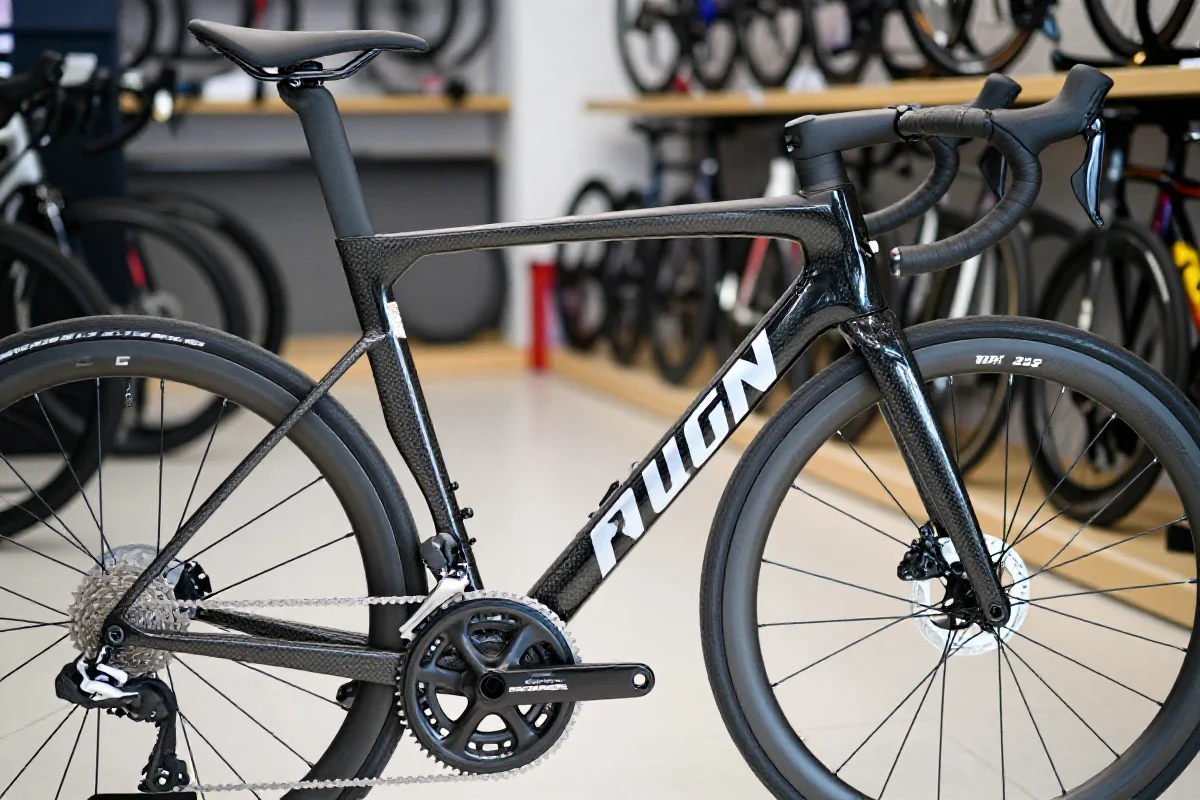 Szczegółowy widok karbonowej ramy roweru szosowego w sklepie rowerowym.