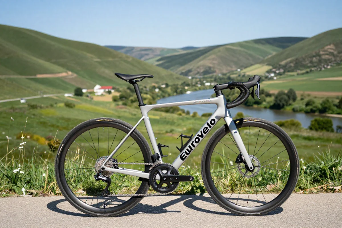 Widok na trasę EuroVelo z rowerem szosowym w malowniczym krajobrazie.