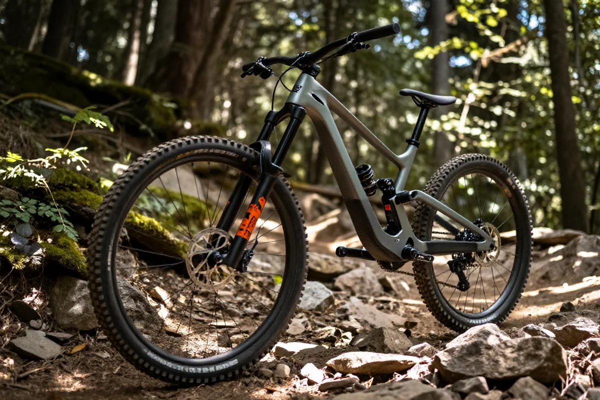 Nowoczesny rower grawitacyjny na szlaku, z dużym kołem 29-calowym.