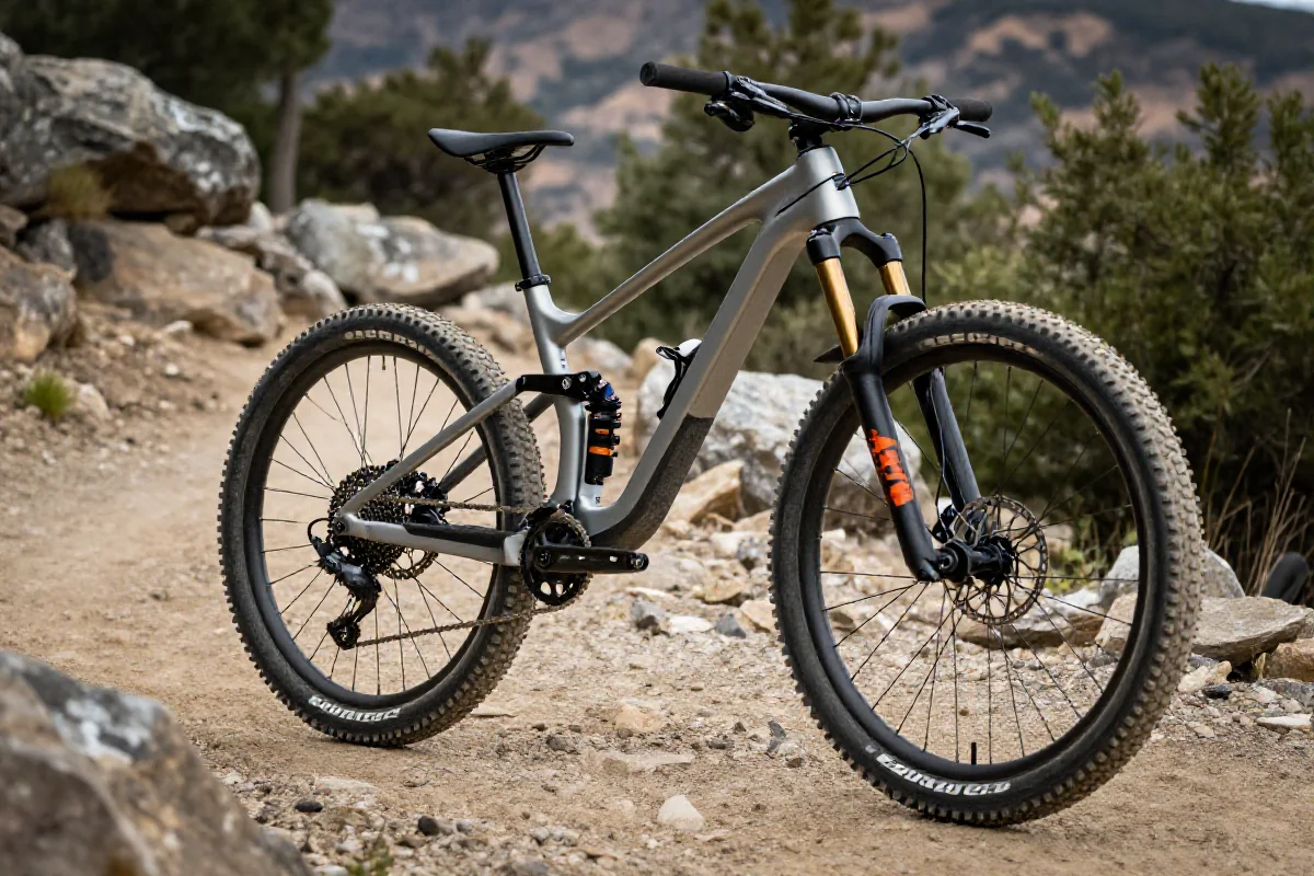 Rower górski z szerokimi oponami na szlaku, przedstawiający nowoczesne technologie MTB.