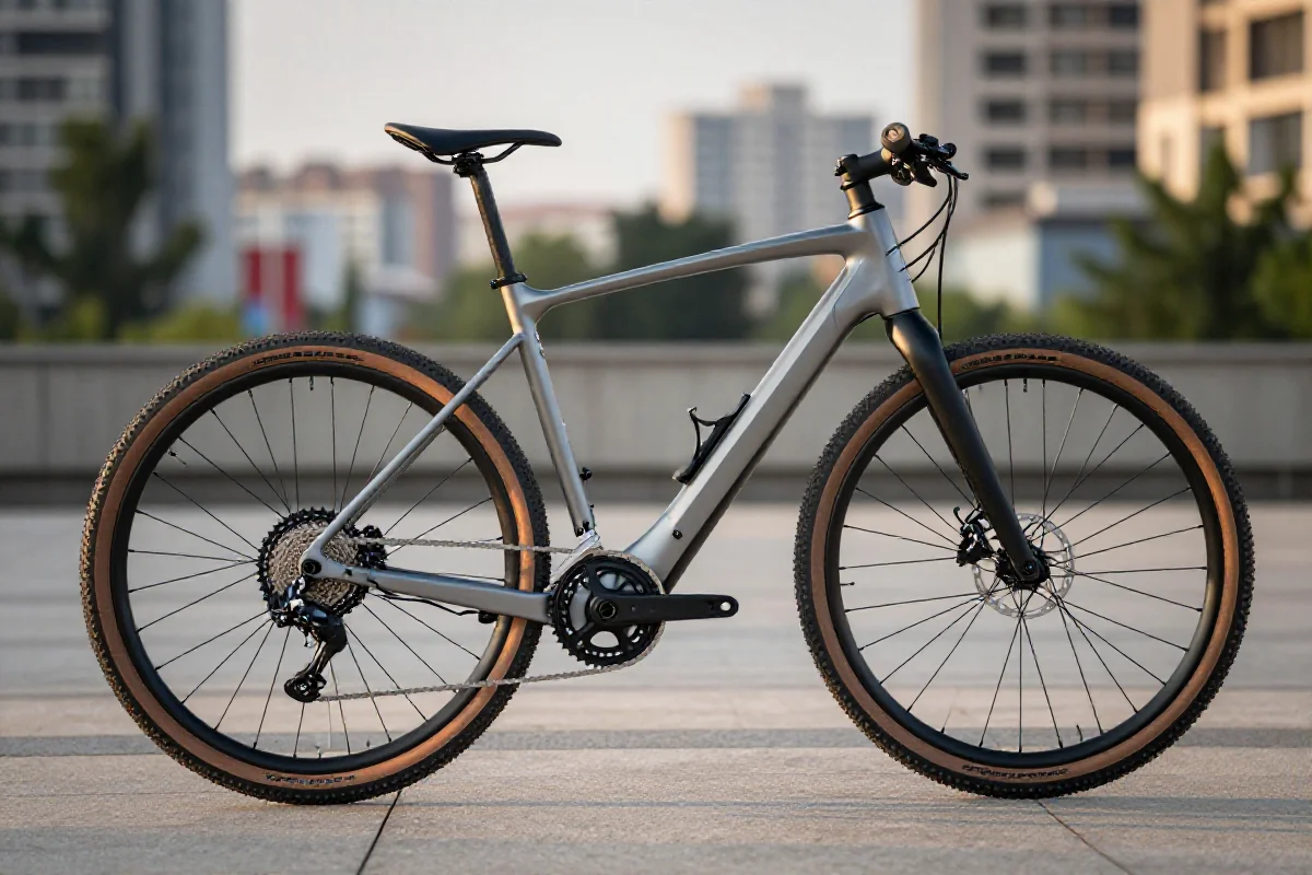 Nowoczesny rower gravel elektryczny w miejskim otoczeniu, idealny do zrównoważonej mobilności.