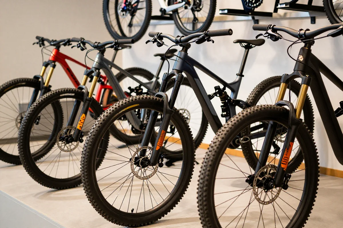 Nowoczesne rowery górskie w studiu, prezentujące różne kategorie MTB.