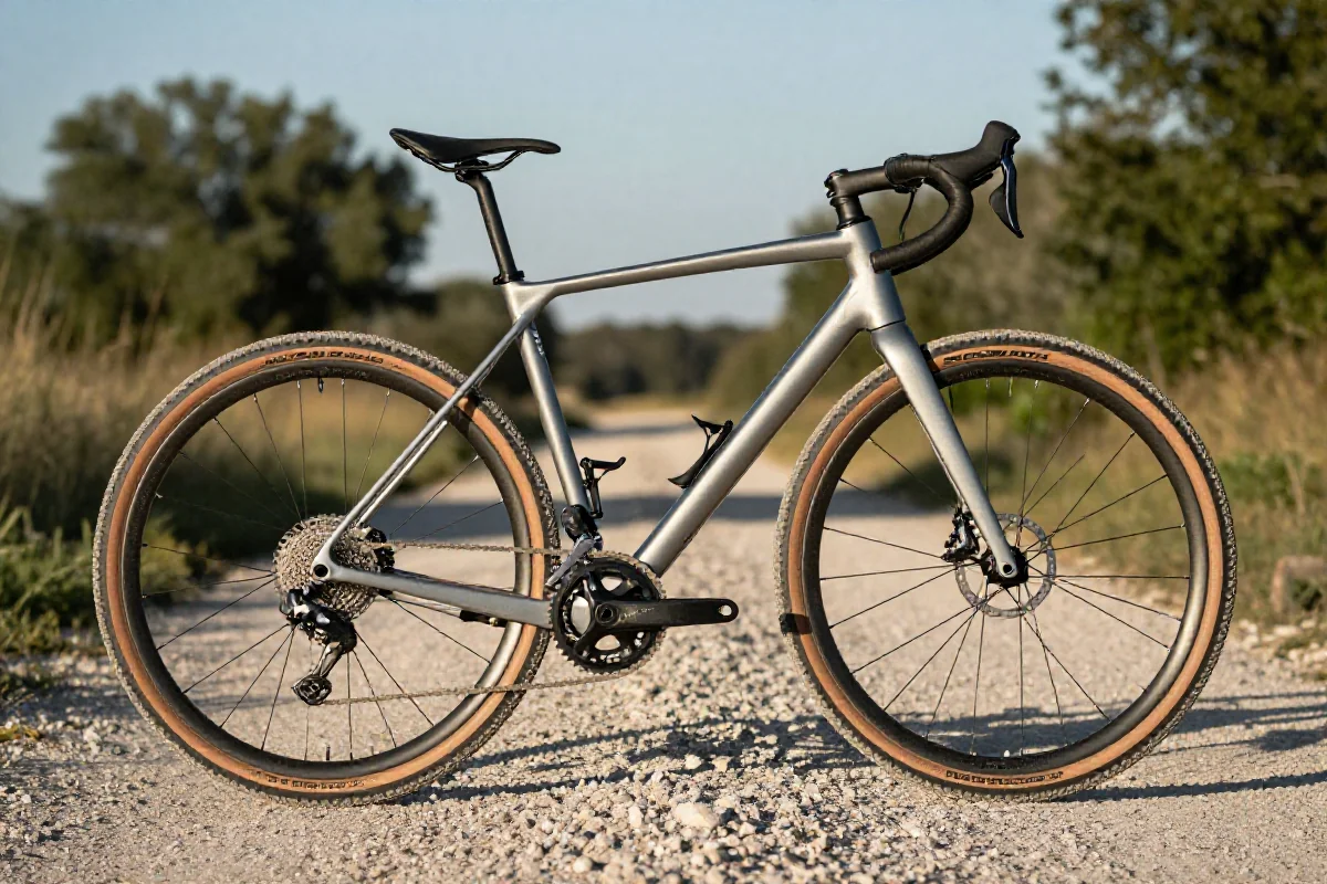 Zdjęcie roweru gravelowego na szutrowej ścieżce, ukazujące jego komponenty i cechy.
