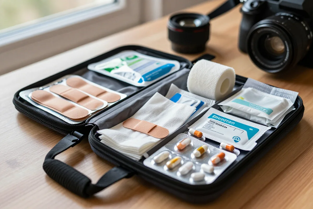 Zestaw medyczny na długą wyprawę z materiałami pierwszej pomocy na stole.