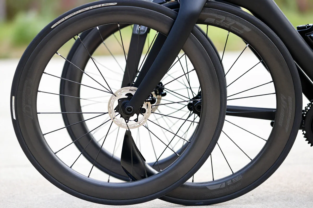 Aerodynamic koła rowerowe z głębokimi obręczami i detalami technicznymi.