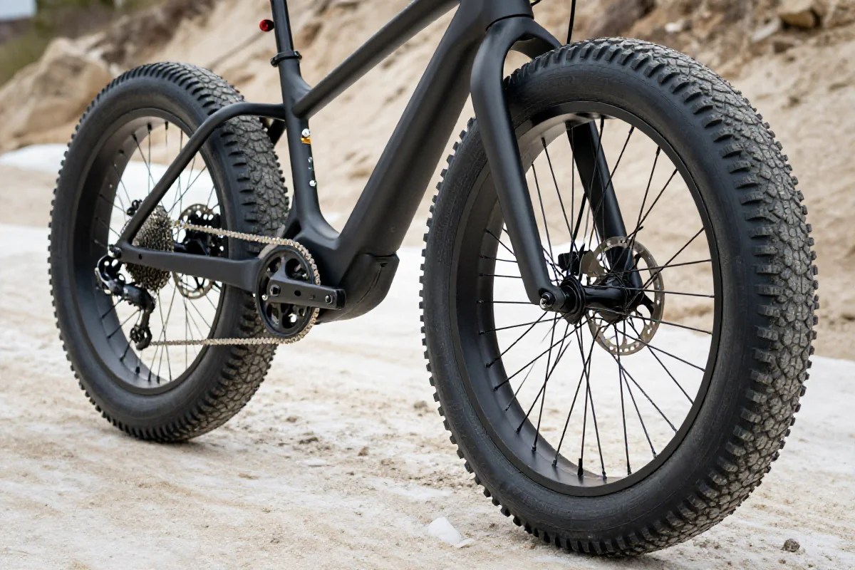 Elektryczny fatbike z szerokimi oponami na trudnym terenie, idealny do jazdy w różnych warunkach.