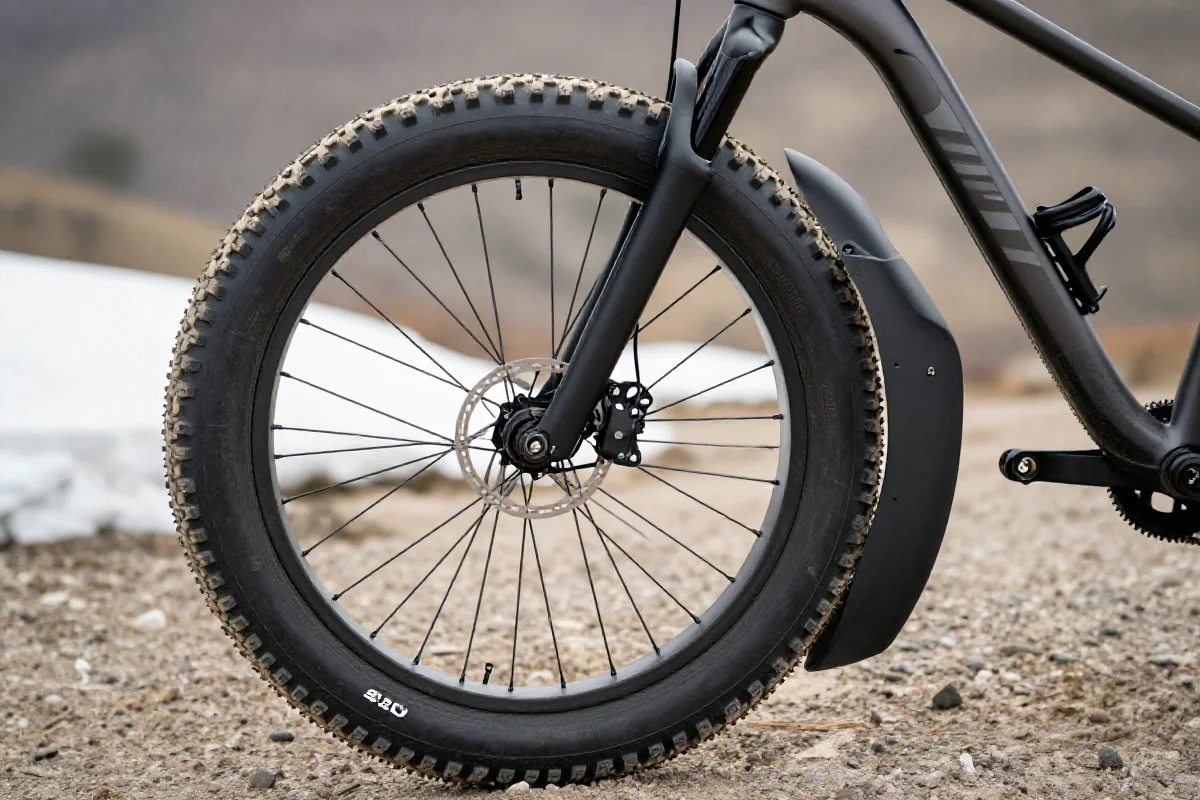 Fotografia fatbike'a z szerokimi oponami na trudnym terenie.