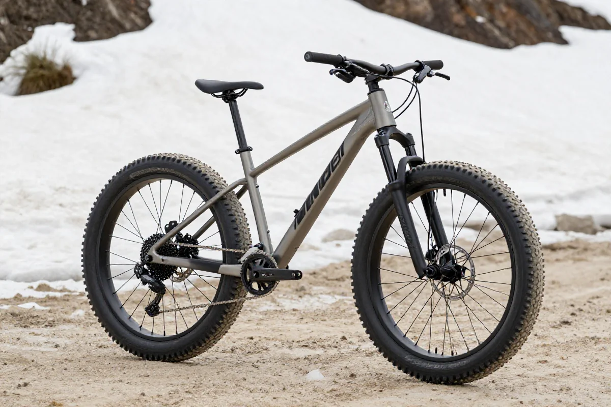 Fatbike z szerokimi oponami na trudnym terenie, idealny do jazdy w ekstremalnych warunkach.