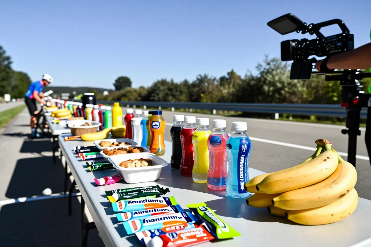 Strefa odżywiania na wyścigu kolarskim z jedzeniem i napojami.