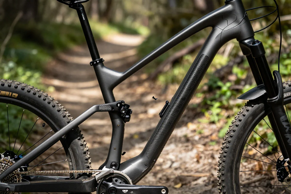 Lekkie ramy rowerów górskich XC na leśnym szlaku, z naciskiem na konstrukcję.