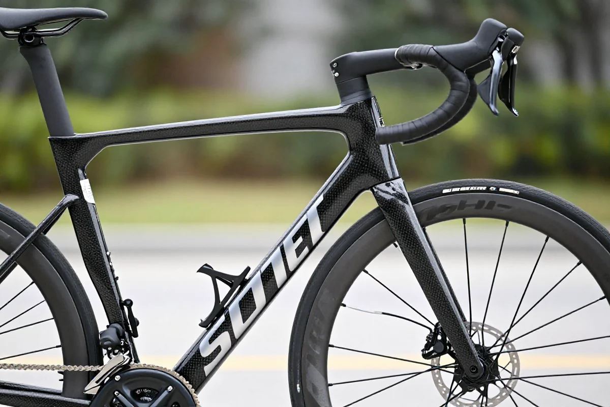 Szczegółowy widok ramy roweru szosowego z komponentami i hamulcami hydraulicznymi.