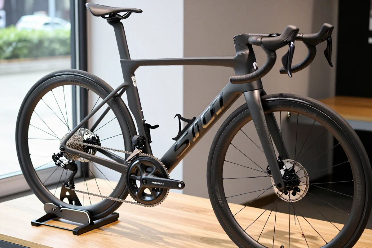 Szczegóły roweru szosowego z karbonową ramą i precyzyjnymi komponentami