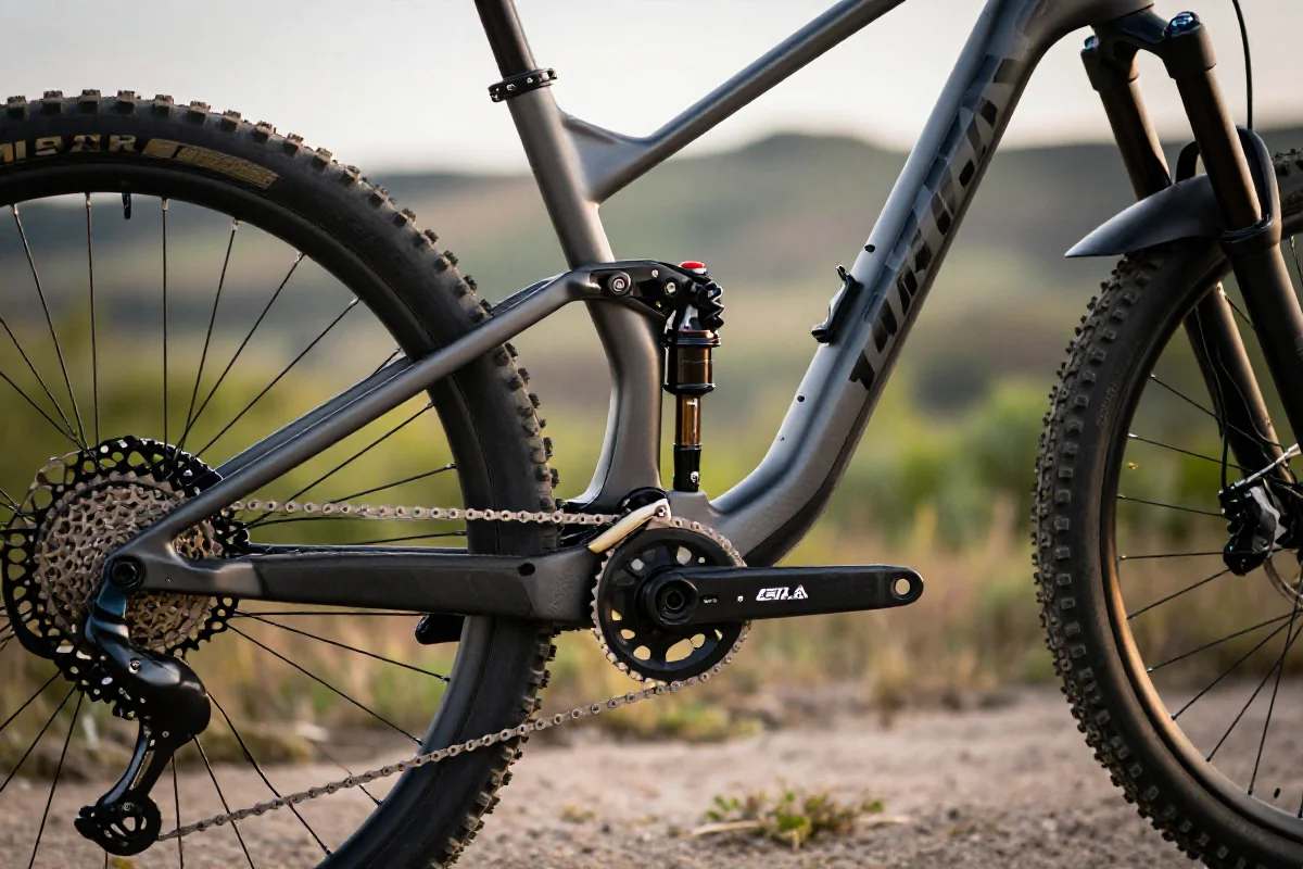 Nowoczesny rower MTB z zaawansowanymi komponentami i ramą z włókna węglowego.