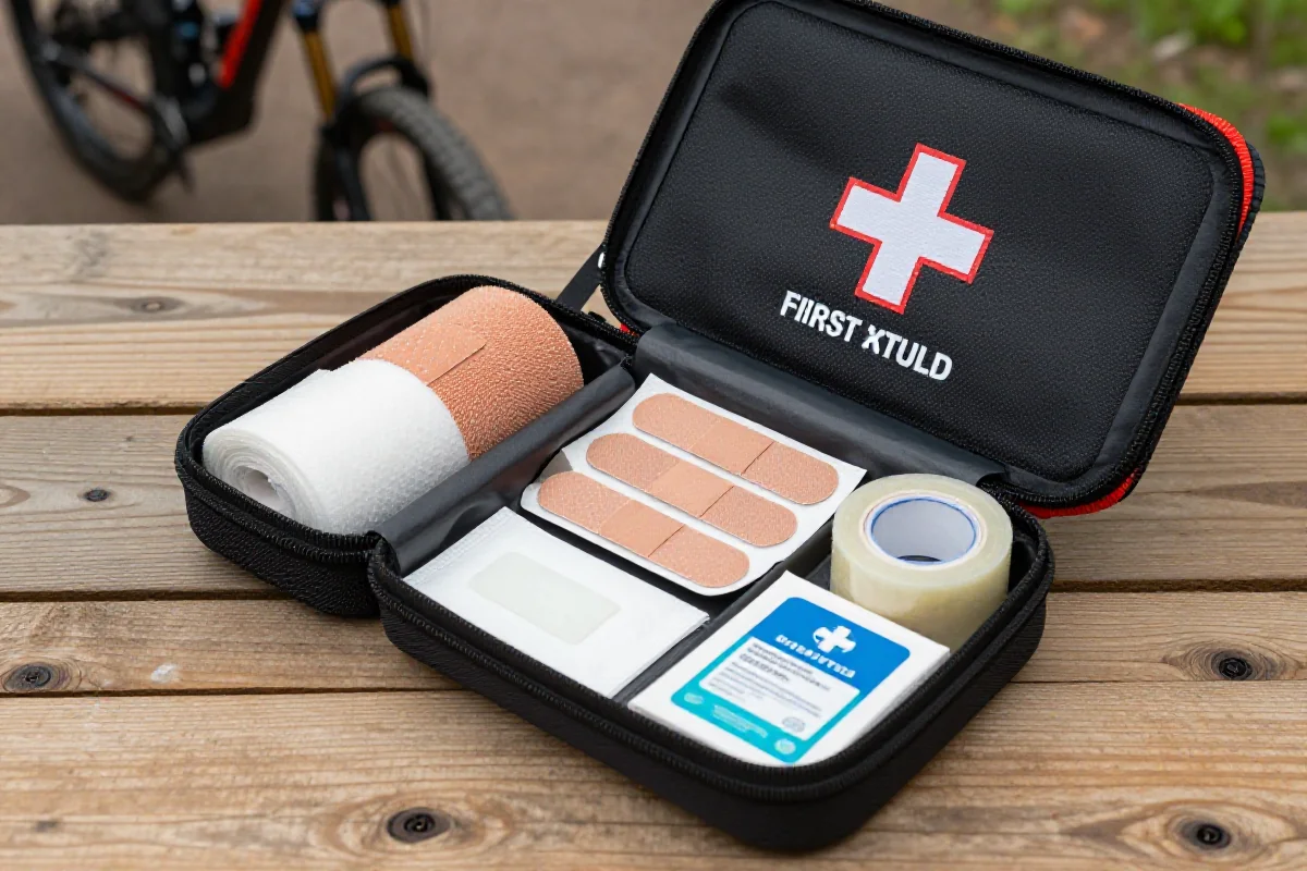 Apteczka pierwszej pomocy dla jednodniowych wypraw rowerowych z niezbędnymi akcesoriami.