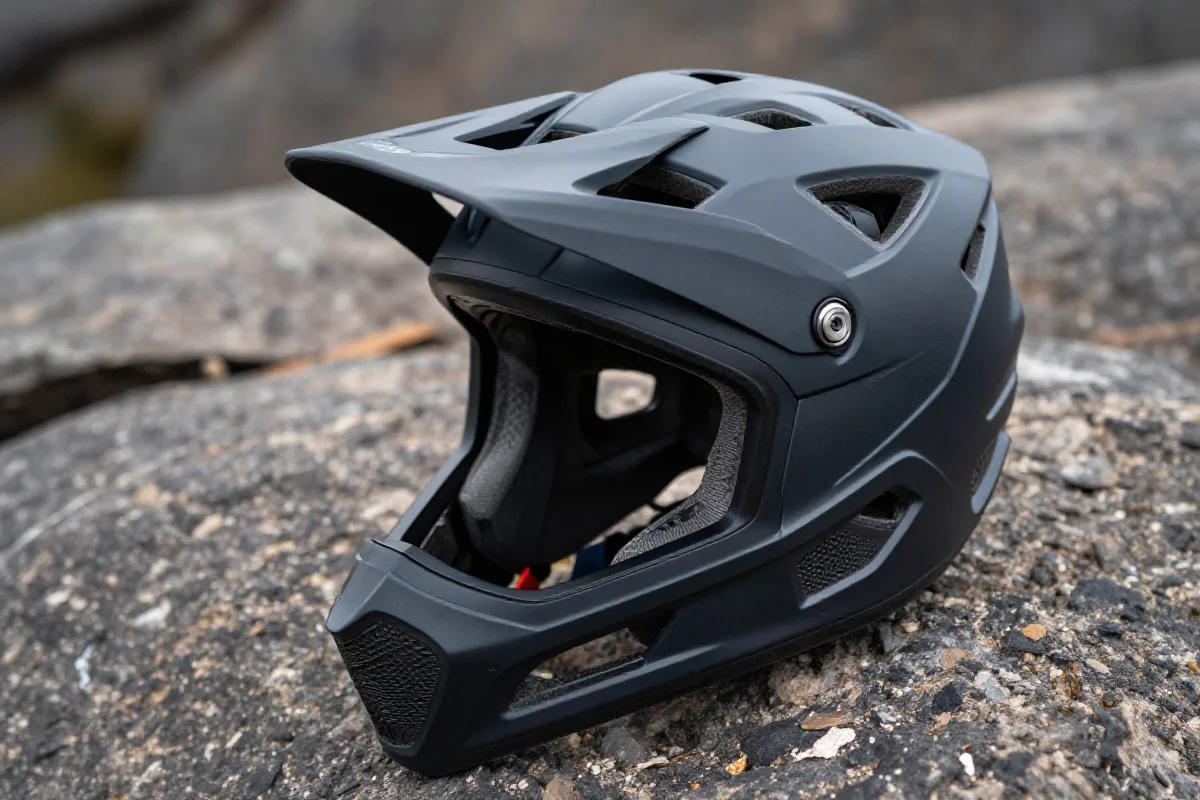 Kask full-face z stałym pałąkiem szczękowym na kamienistym terenie