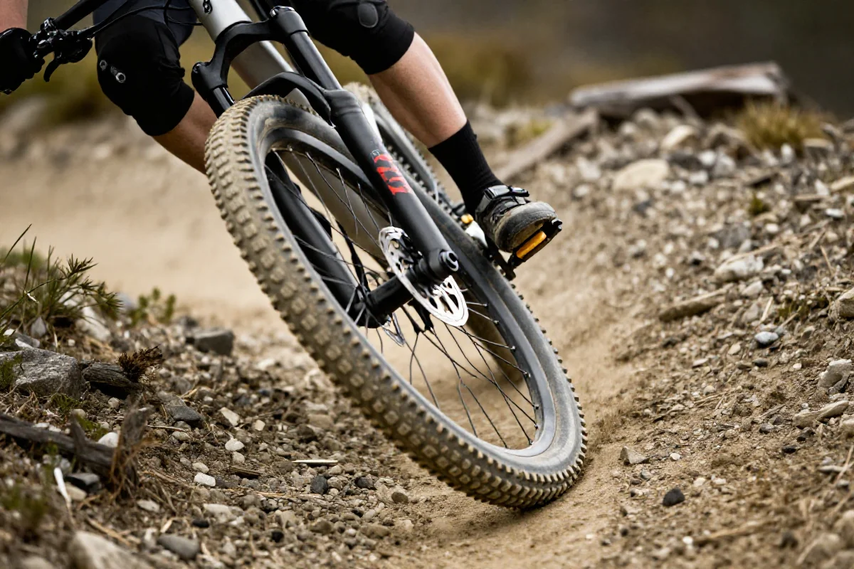 Rower górski pokonujący płaski zakręt na leśnej ścieżce.