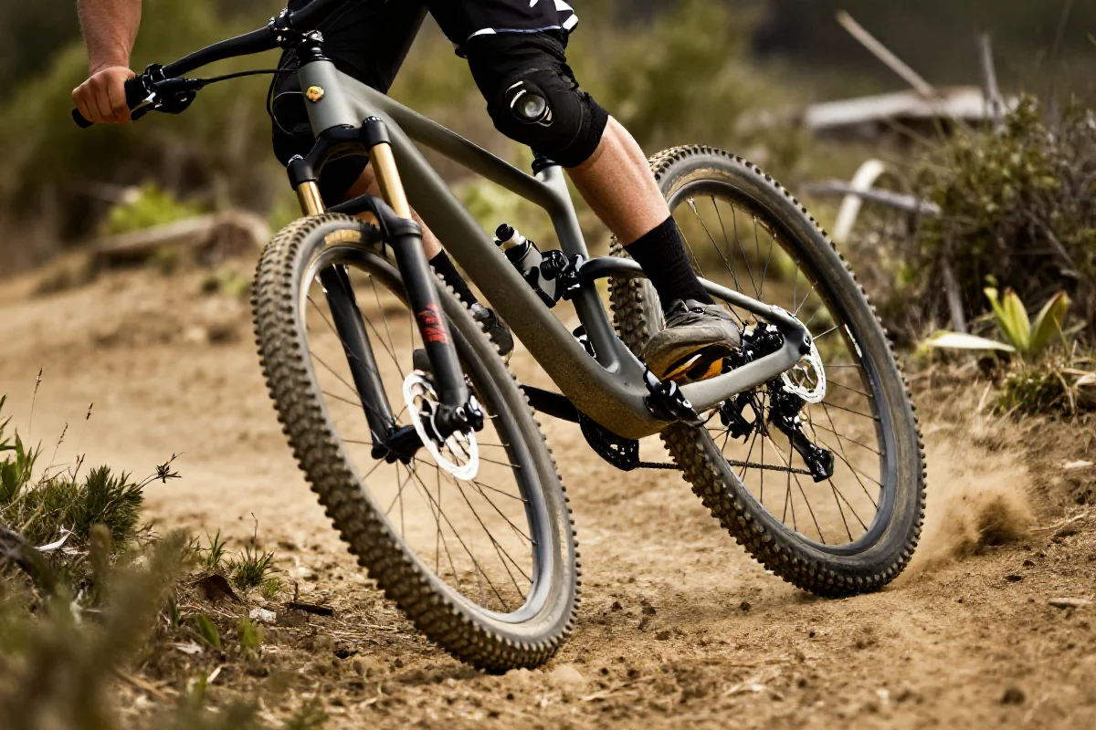 Rower górski pokonujący płaski zakręt na leśnej ścieżce