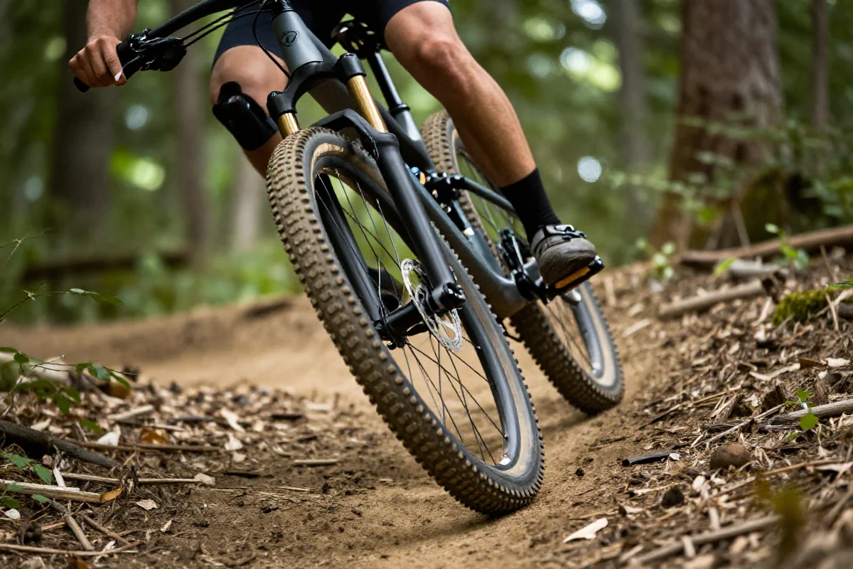 Rower górski pokonujący płaski zakręt na leśnym szlaku
