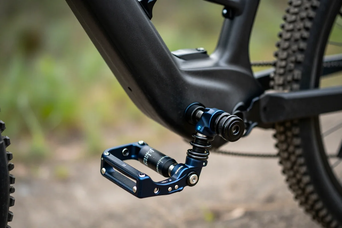Pedały automatyczne MTB z widocznymi ustawieniami float i tension.