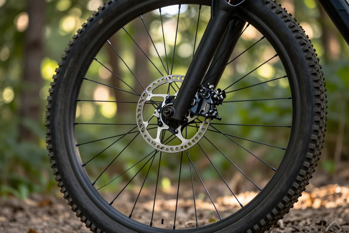 Szczegóły koła roweru górskiego z systemem hamulcowym w naturalnym otoczeniu.