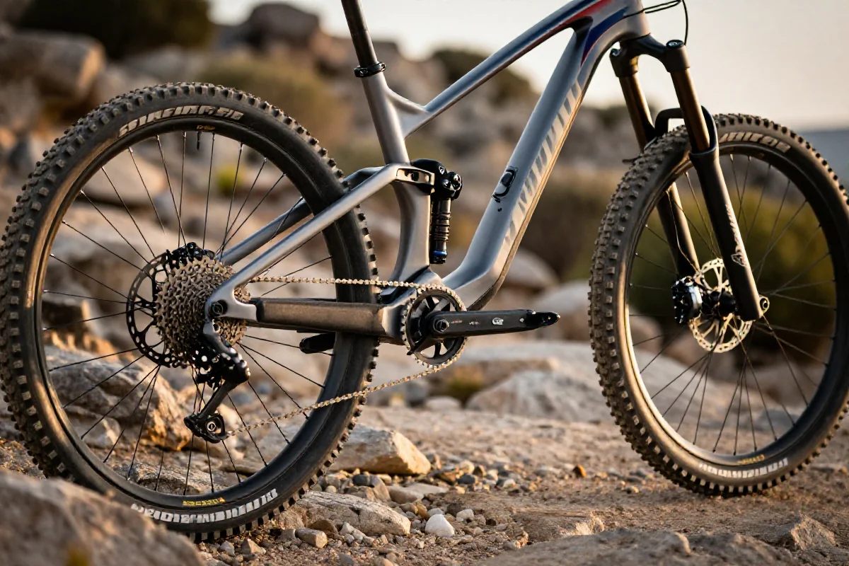 Bliski widok wysokiej wydajności roweru górskiego na skalistej trasie.