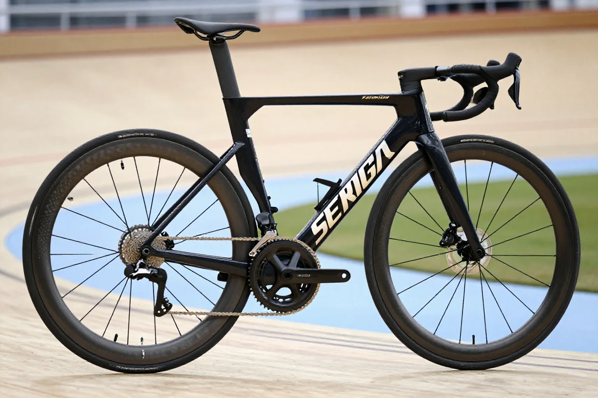 Bliska fotografia roweru szosowego na torze, podkreślająca prędkość i wydajność.