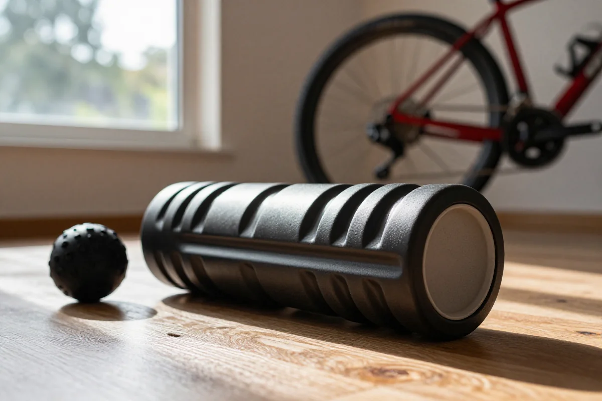 Piankowy roller i piłki do masażu na drewnianej podłodze, związane z regeneracją po treningu MTB.