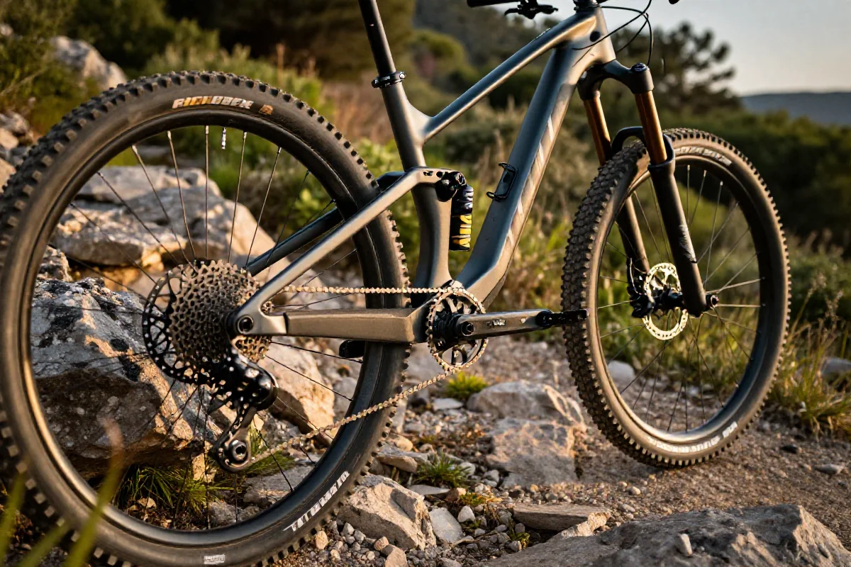 Szczegóły techniczne roweru górskiego na szlaku, elementy jazdy MTB.