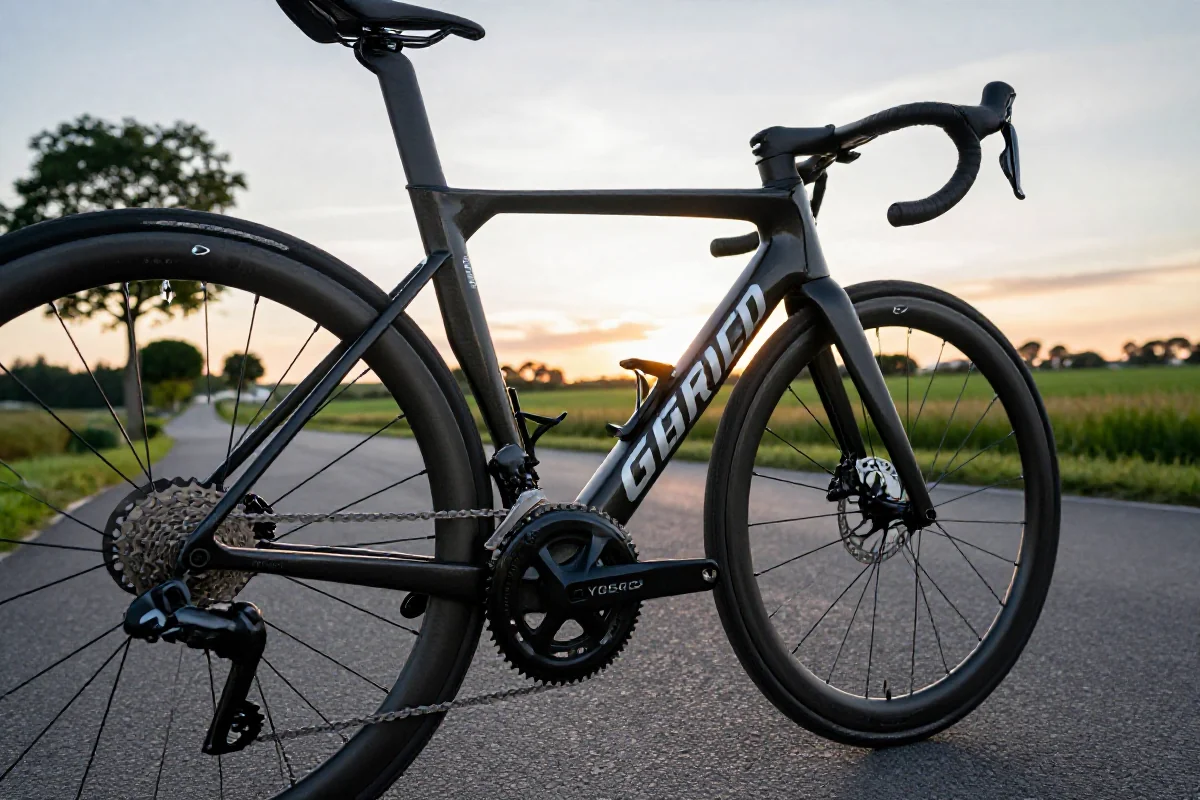 Szosowy rower na malowniczej drodze w czasie złotej godziny.