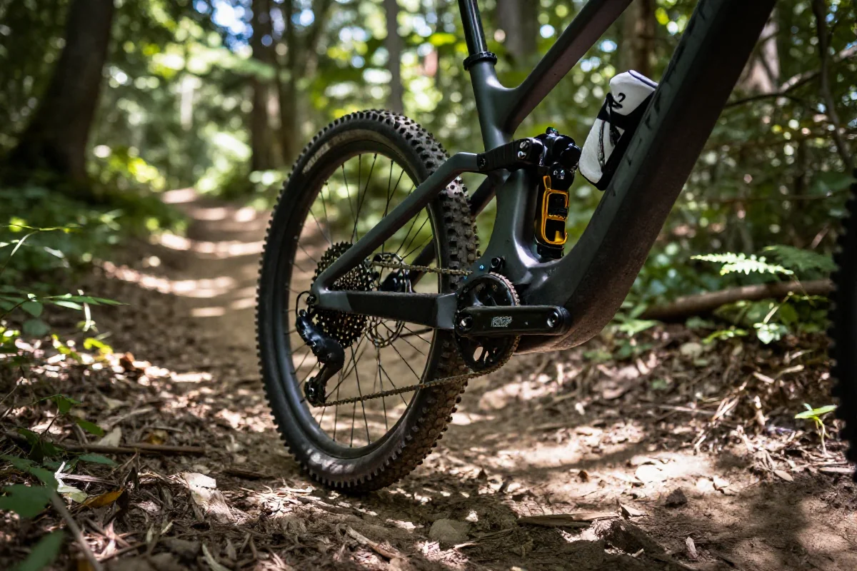 Szczegóły techniczne roweru górskiego na leśnej ścieżce MTB.