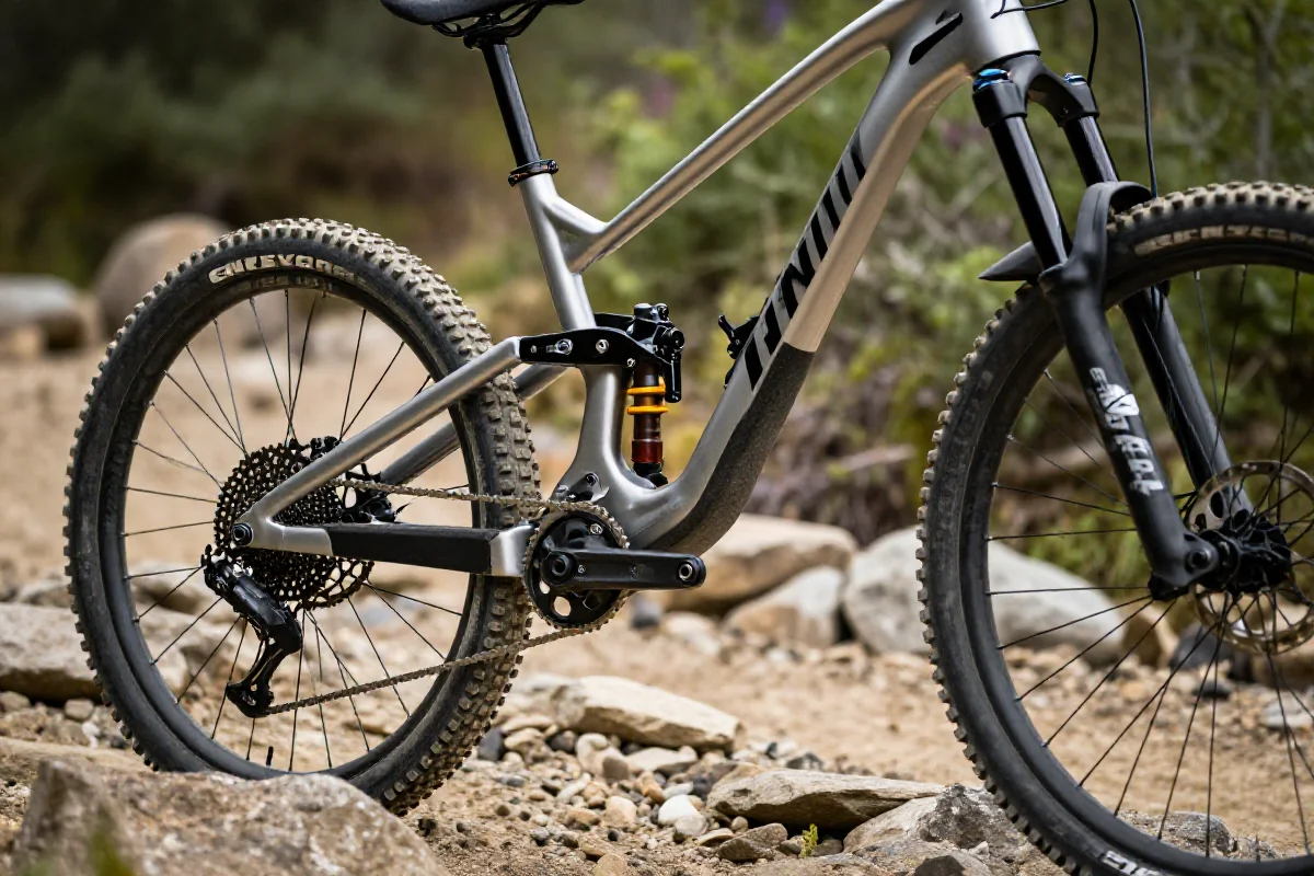 Rower górski z technicznymi komponentami na szlaku enduro.