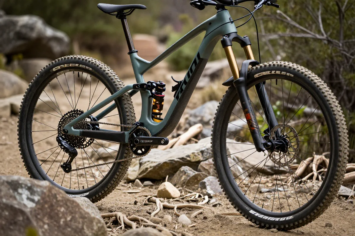 Szczegółowe zdjęcie roweru górskiego XC na wymagającej trasie w naturalnym terenie.