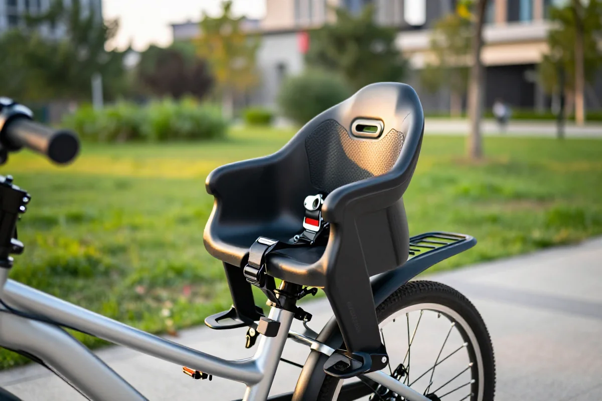 Fotelik rowerowy montowany z przodu na rowerze w parku.