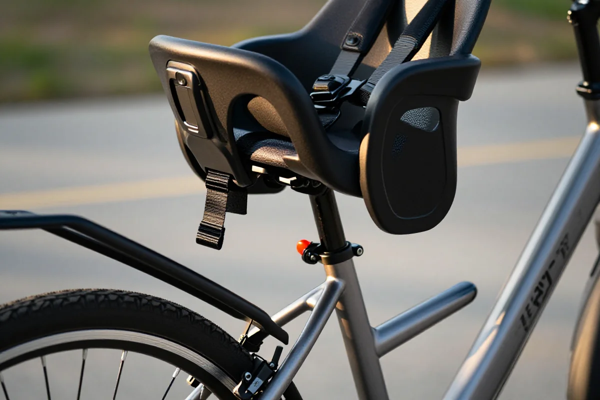Fotelik dziecięcy zamontowany na rurze podsiodłowej roweru elektrycznego.