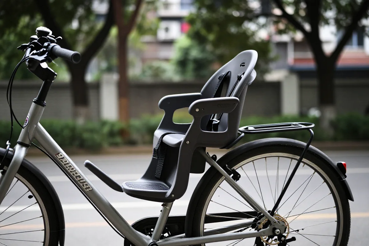 Fotelik rowerowy na rowerze w miejskim otoczeniu, bezpieczeństwo dzieci na rowerze.