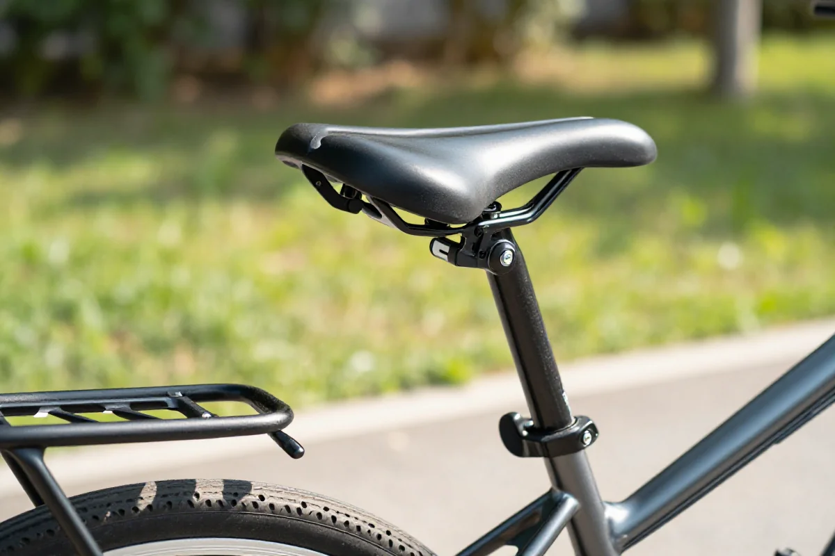 Fotelik tylny zamontowany na bagażniku roweru w parku.