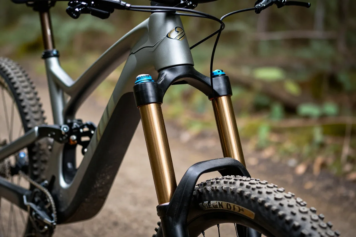 Wysokiej jakości widelec do roweru górskiego na tle leśnej trasy trailowej.