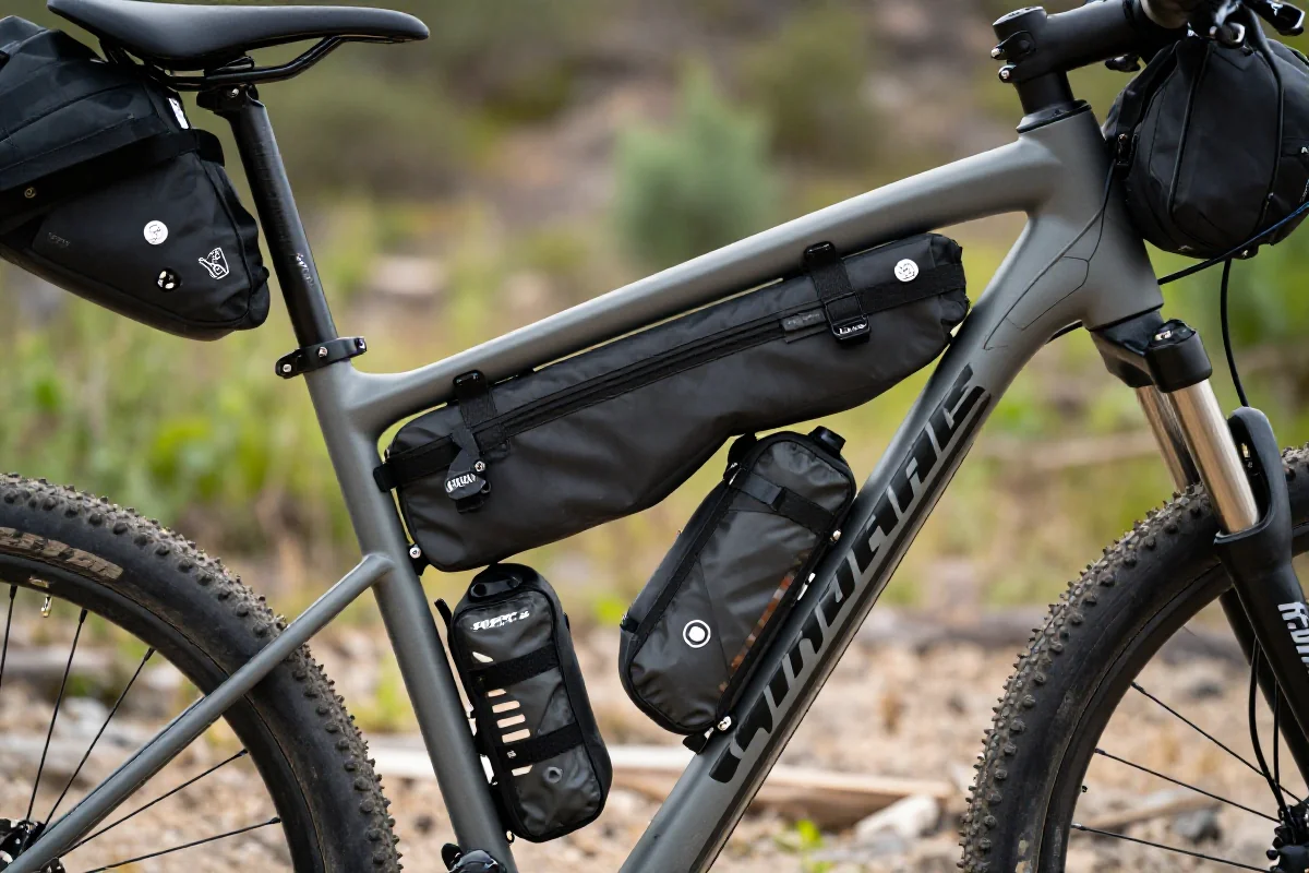 Torba ramowa i bagaż do bikepackingu na rowerze górskim w terenie