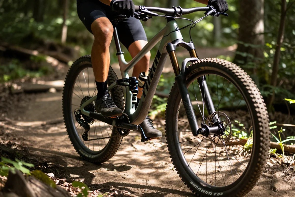 Rower górski na wyboistej trasie, szczegóły ramy i opon.