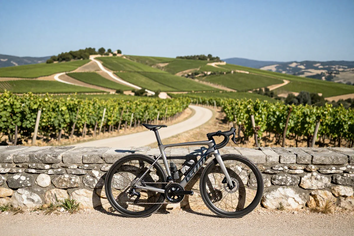 Malowniczy krajobraz rowerowy w Prowansji z wysokiej jakości rowerem szosowym.