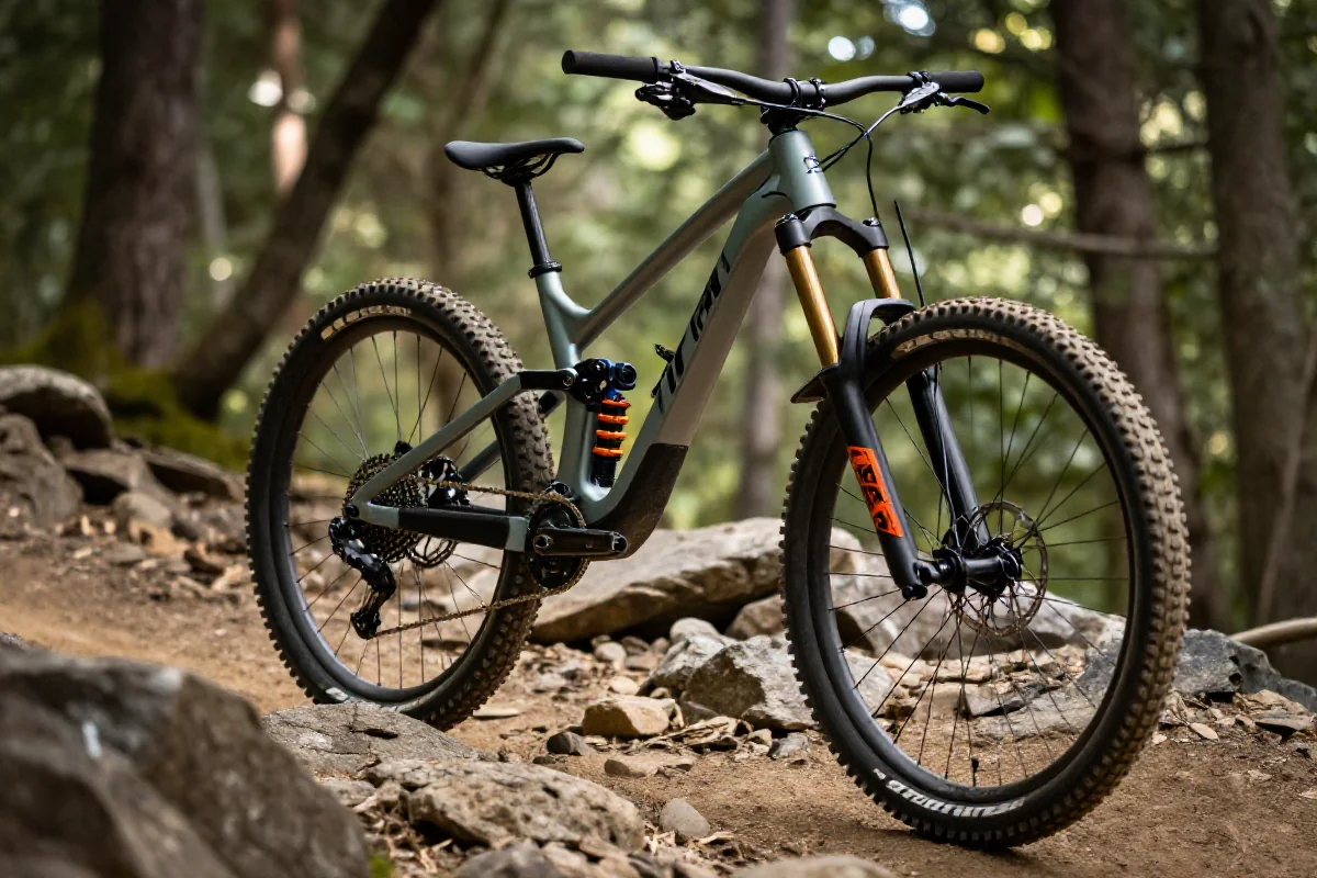 Nowoczesny rower górski downhill na skalistej trasie w lesie.