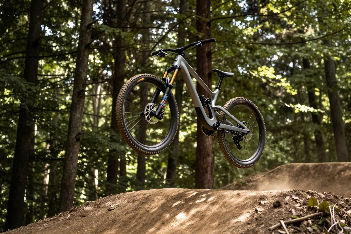 Rower górski w powietrzu podczas skoku w lesie, styl freeride MTB.