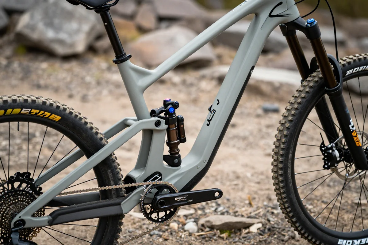 Nowoczesny rower górski downhill z zaawansowanym zawieszeniem na skalistym terenie.