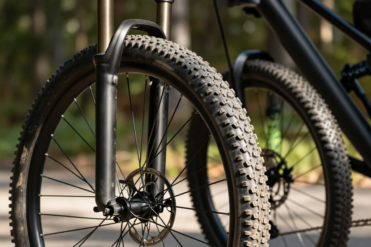 Różne wzory bieżnika opon przednich i tylnych w rowerze górskim