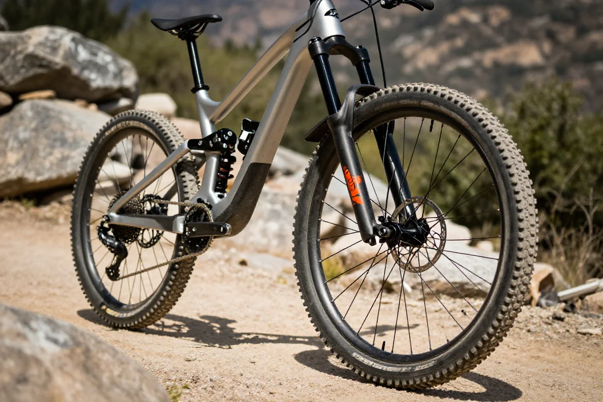 Podnoszenie przedniego koła roweru górskiego w terenie leśnym