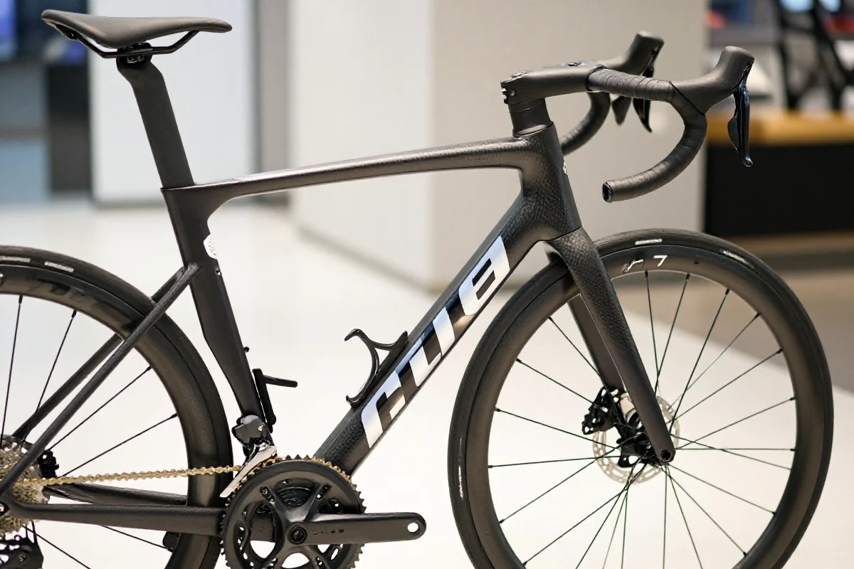 Szczegóły roweru szosowego z zaawansowanymi komponentami i aerodynamiczną ramą.