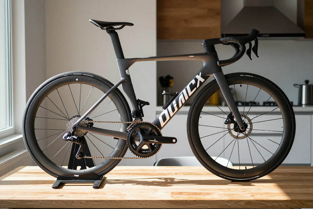 Rower szosowy z zaawansowanymi komponentami na drewnianym stole w kuchni.